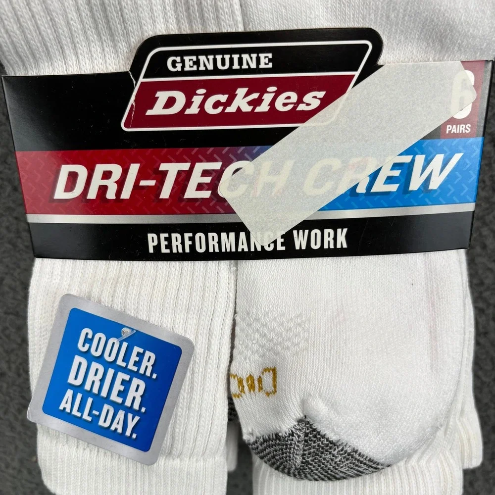 Dickies Mens 6 Pair Dri-Tech Crew Performance Work Socks White Size 6-12 K611880